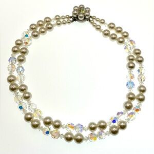 Vintage Double Strand Faux Pearls & Aurora Borealis Faceted Crystals Silver Tone